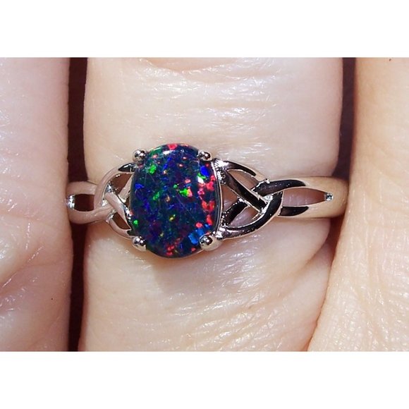 925 STERLING SILVER  Oval Lab Created Black Opal Ring - Picture 1 of 16
